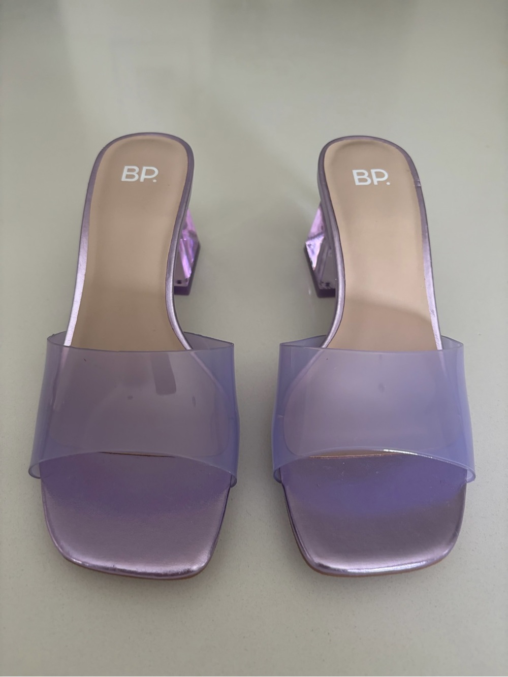 BP Women’s Lilac Clear Strap Block Heel Mules